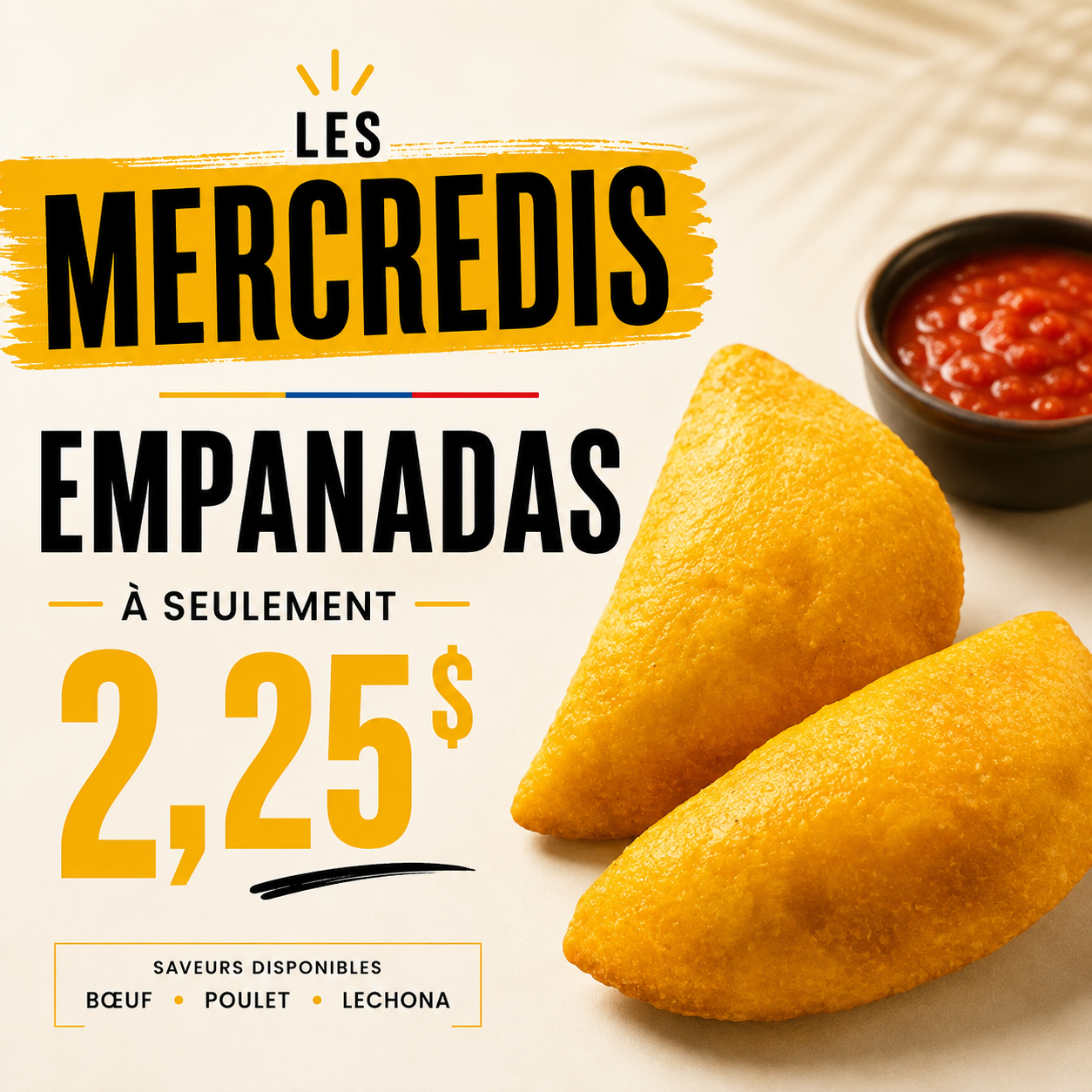 Mercredi des empanadas : bœuf, poulet ou lechona à 2,25 $ toute la journée
